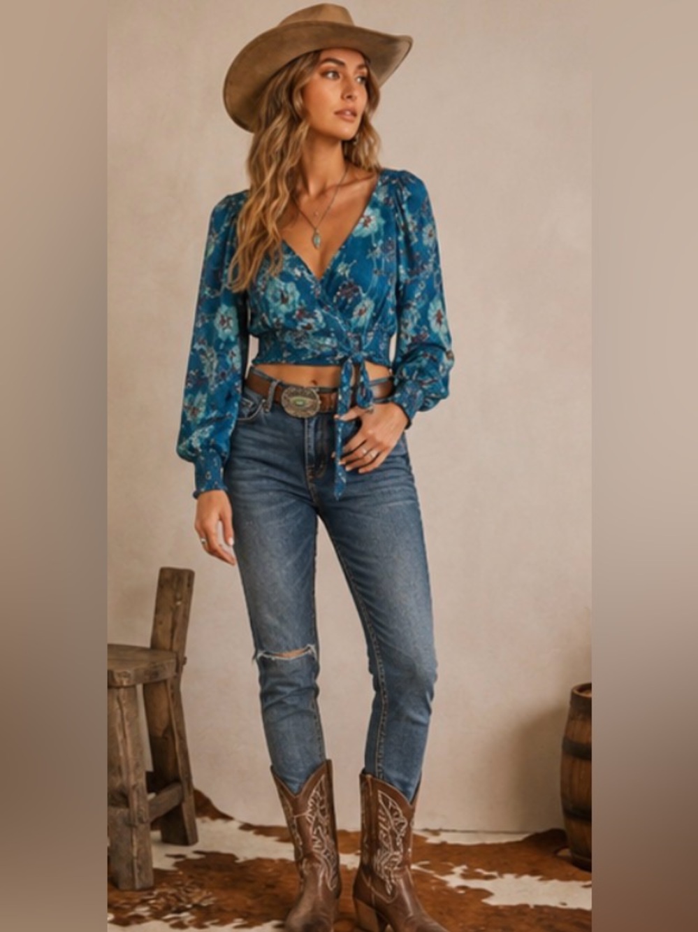 New‼️ Band of the Free Sybille Floral Wrap Crop Top | NWT | Teal | Size Small - Picture 3 of 13
